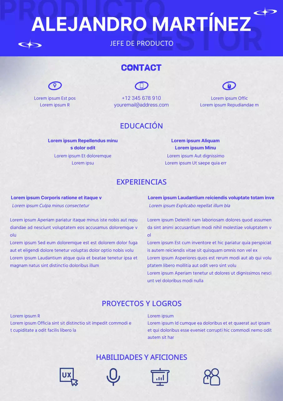 Currículum vitae de jefe de producto en azul y gris