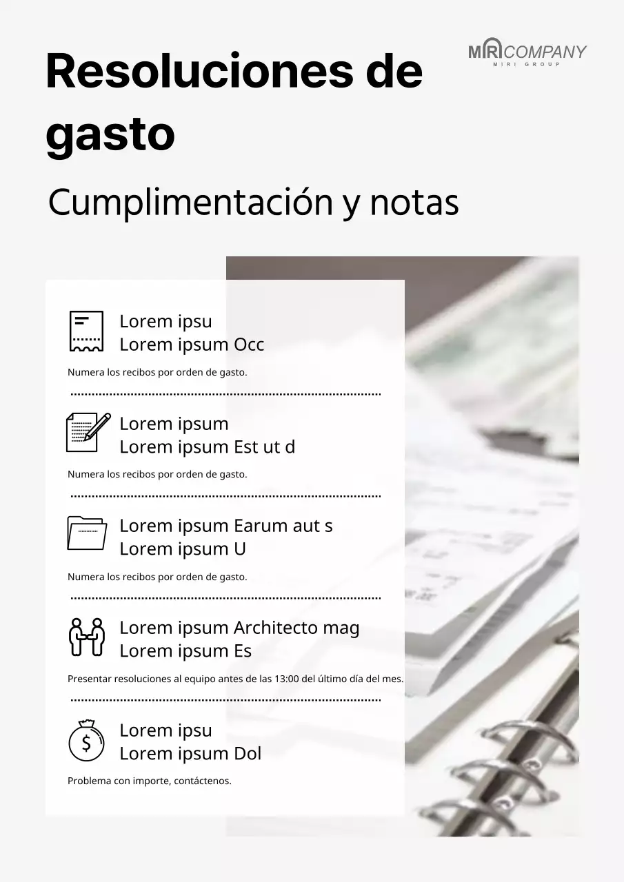 Un simple anuncio de resolución de gastos en blanco y gris