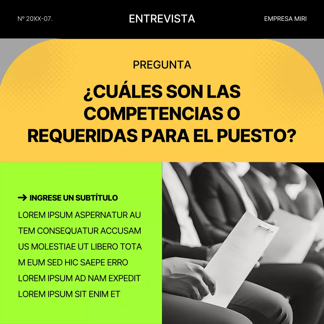 Puesto de entrevista de trabajo geométrico fluorescente y amarillo