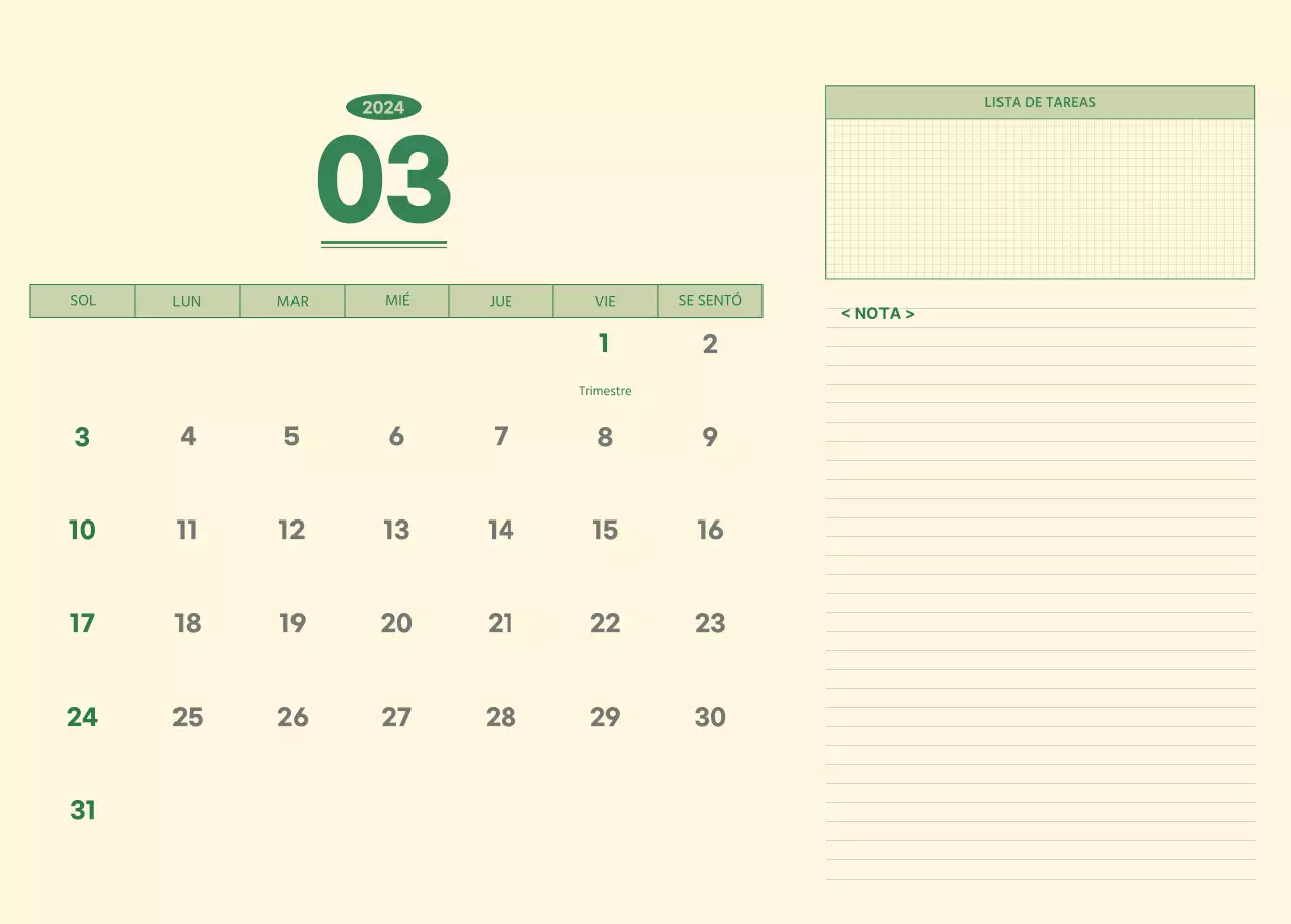 SAT Calendario de pared con concepto de bloc de notas del día D en verde y amarillo claro