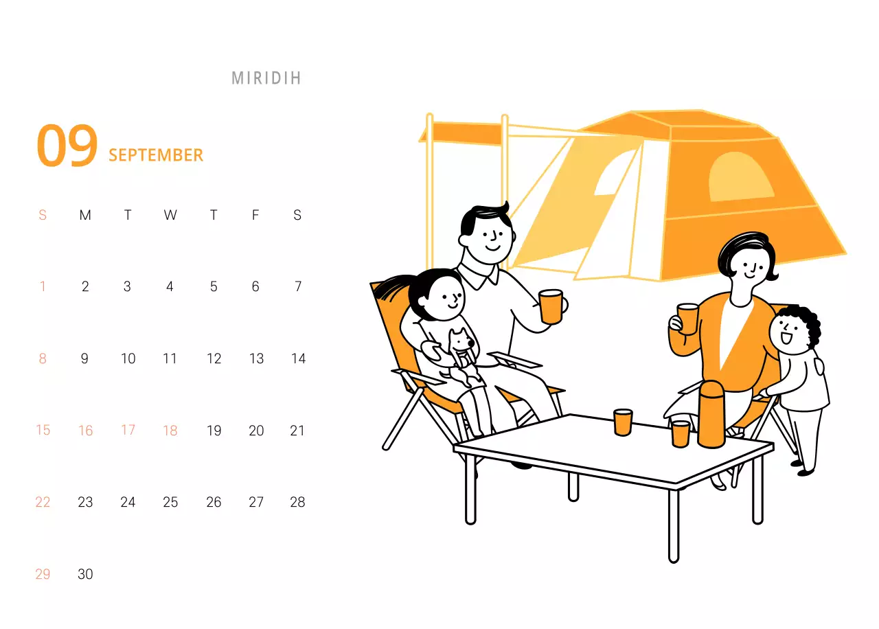 Niedlich illustrierter grüner Tischkalender mit Familienthemen