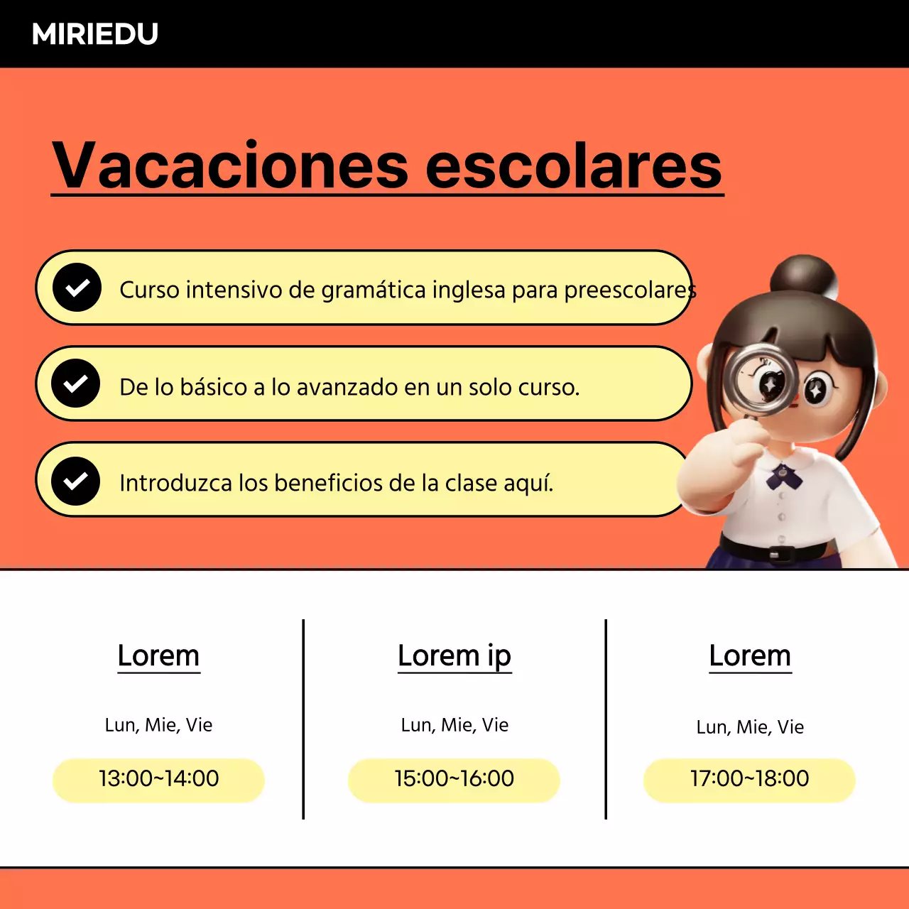 Promocione los especiales de vacaciones escolares en naranja y negro.