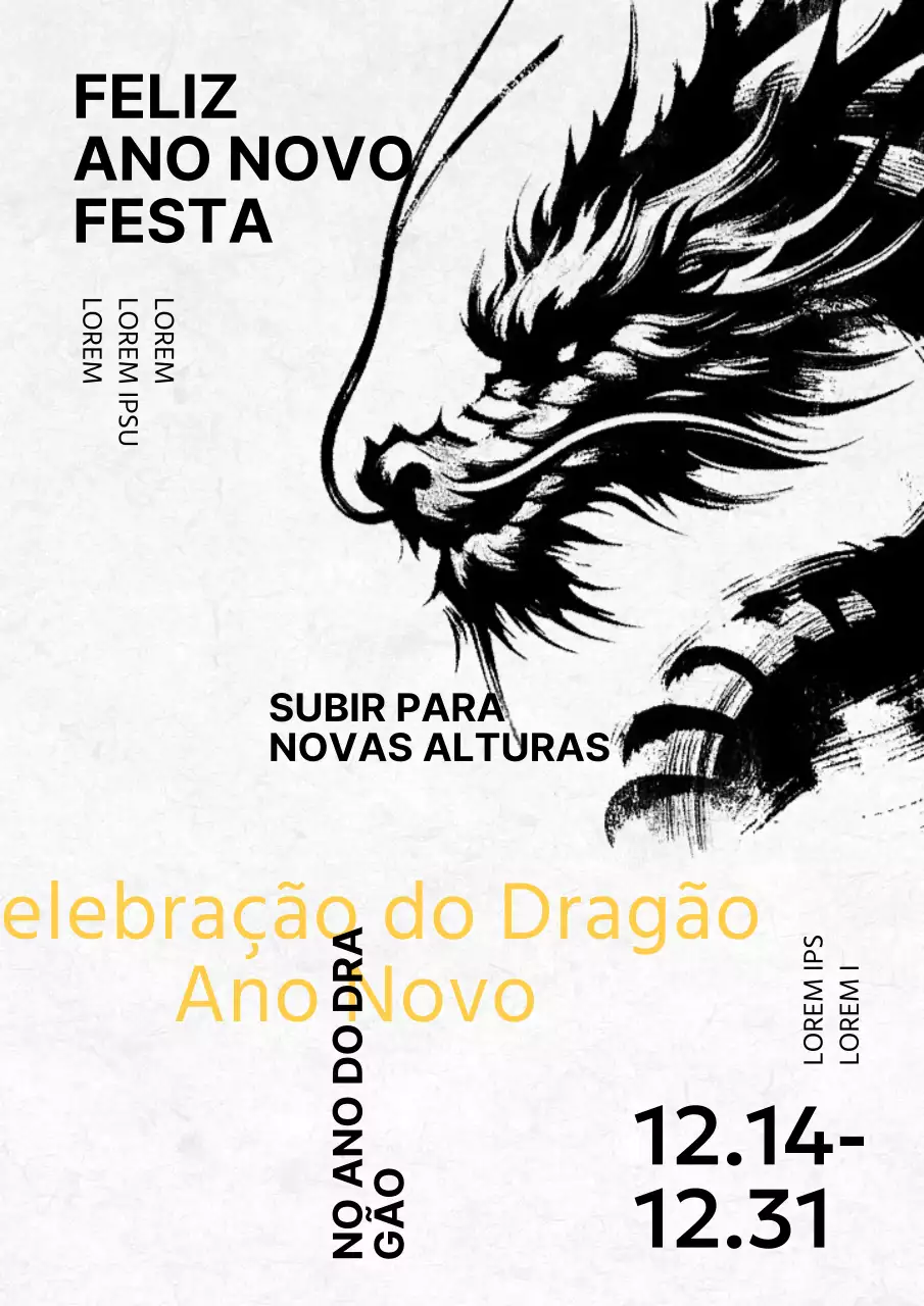 Convite para festa tradicional do Ano do Dragão em preto e amarelo