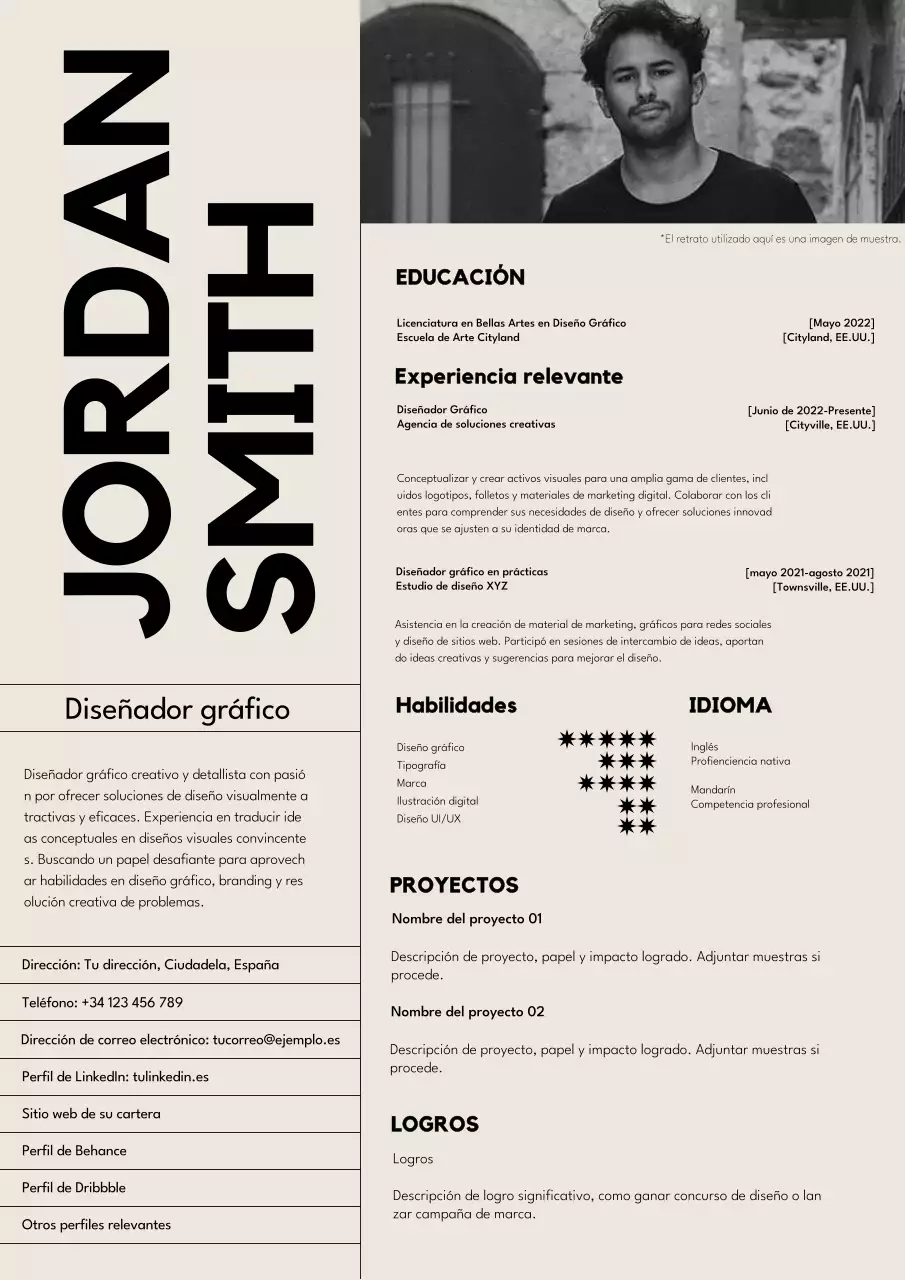 Currículum vitae de diseñador gráfico de moda en negro y beige
