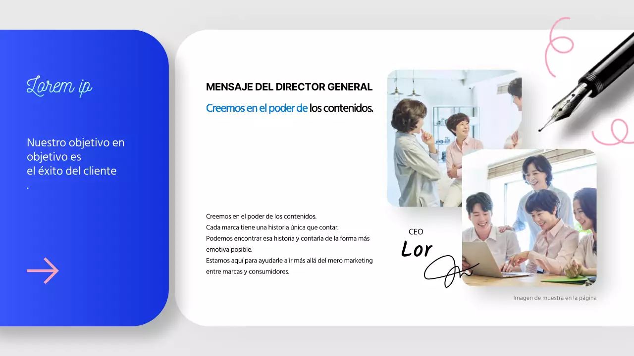 Una moderna carta de presentación de una empresa de storytelling en azul y rosa