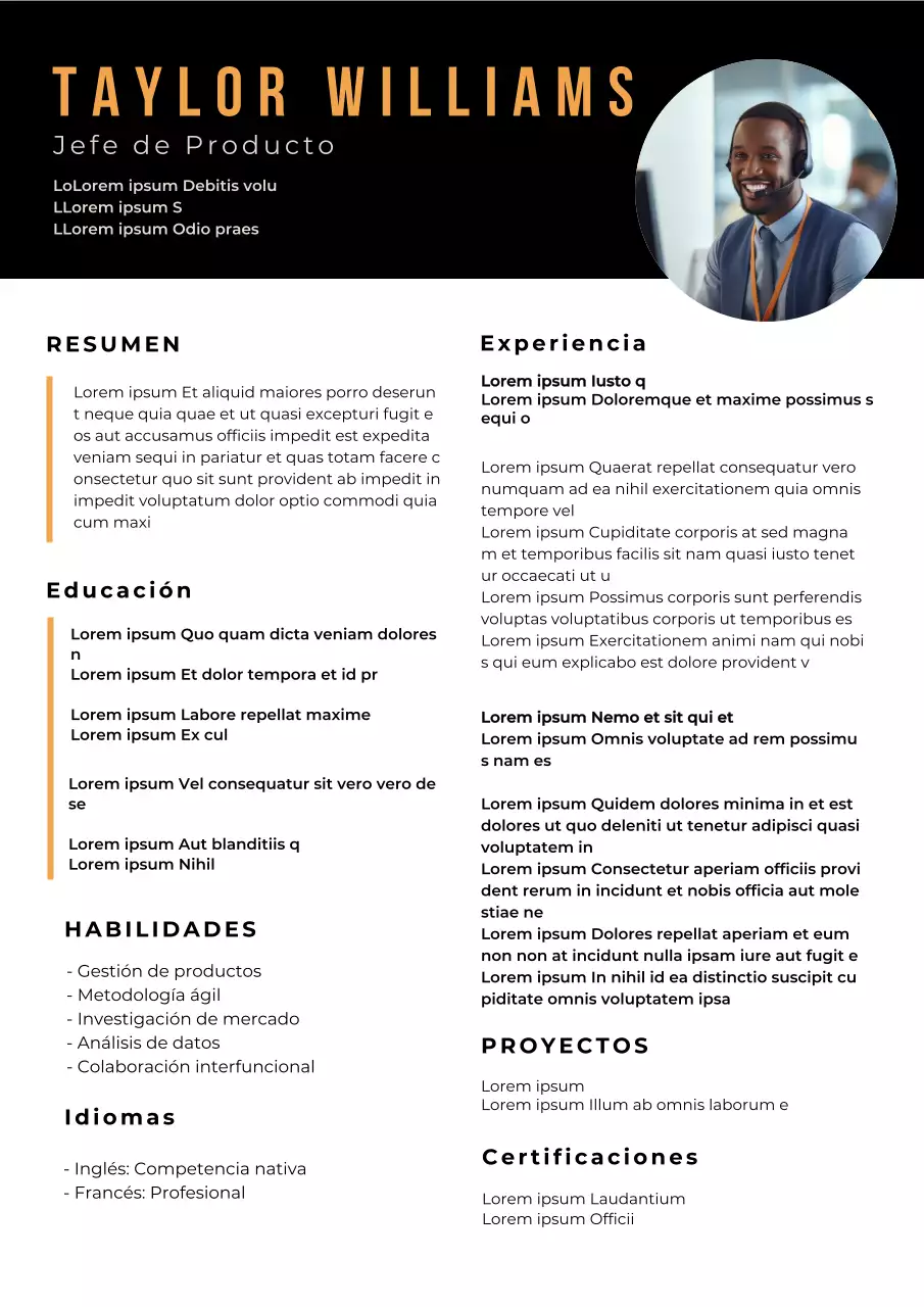 Currículum vitae de jefe de producto básico negro y naranja
