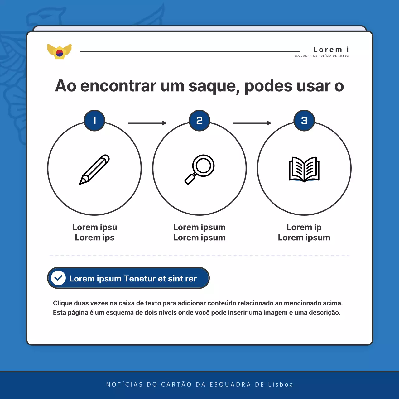 Publicações predefinidas do boletim informativo da esquadra de polícia em azul e azul-marinho