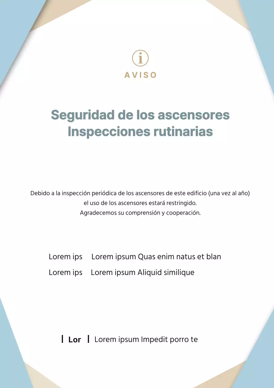 Aviso de mantenimiento de ascensor moderno en azul claro y beige