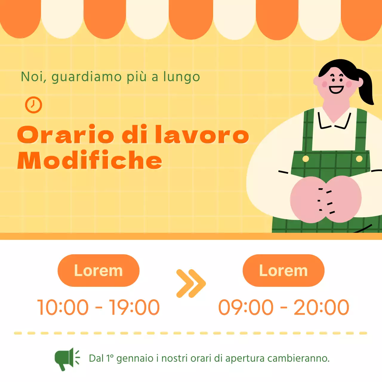 Poster colorato arancione e giallo sugli orari di apertura