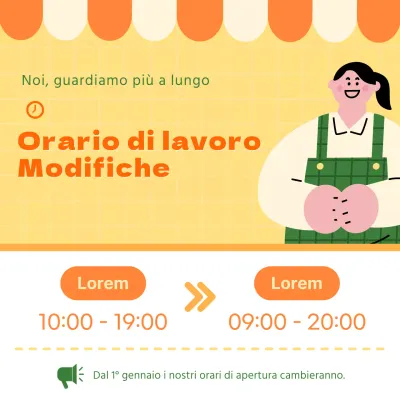 Poster colorato arancione e giallo sugli orari di apertura