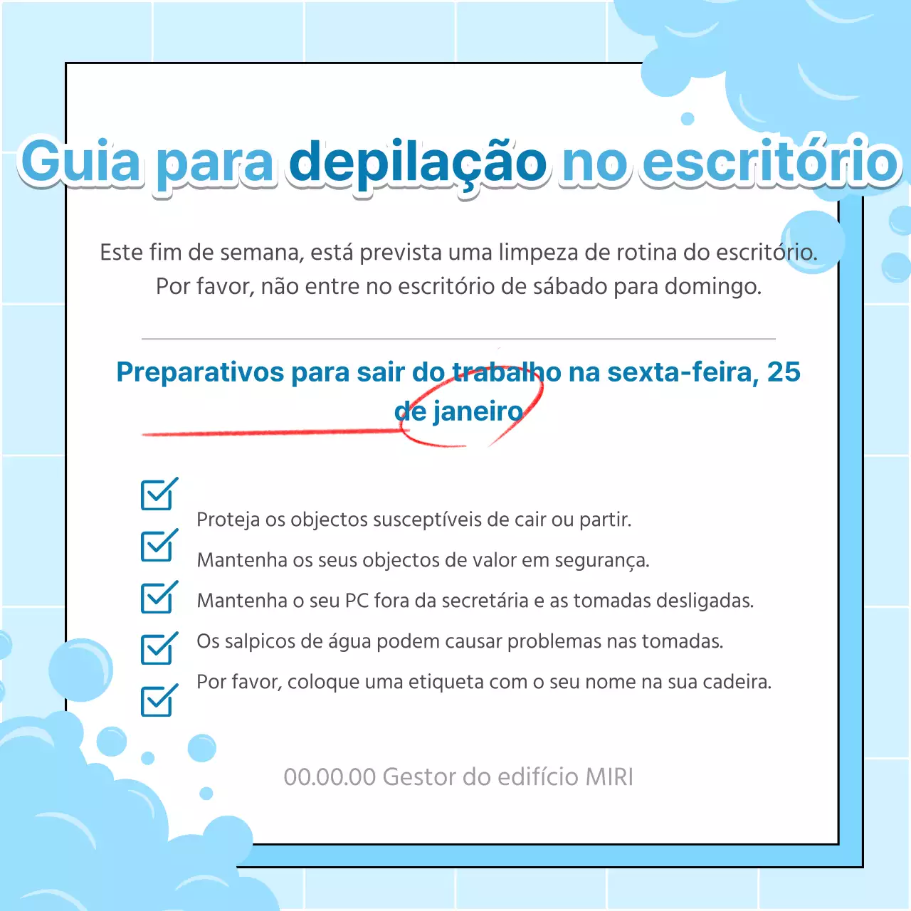 Anúncio simples de limpeza com cera para escritório em azul claro e branco