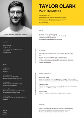 Lebenslauf eines modernen Maschinenbauingenieurs in Gelb und Grau