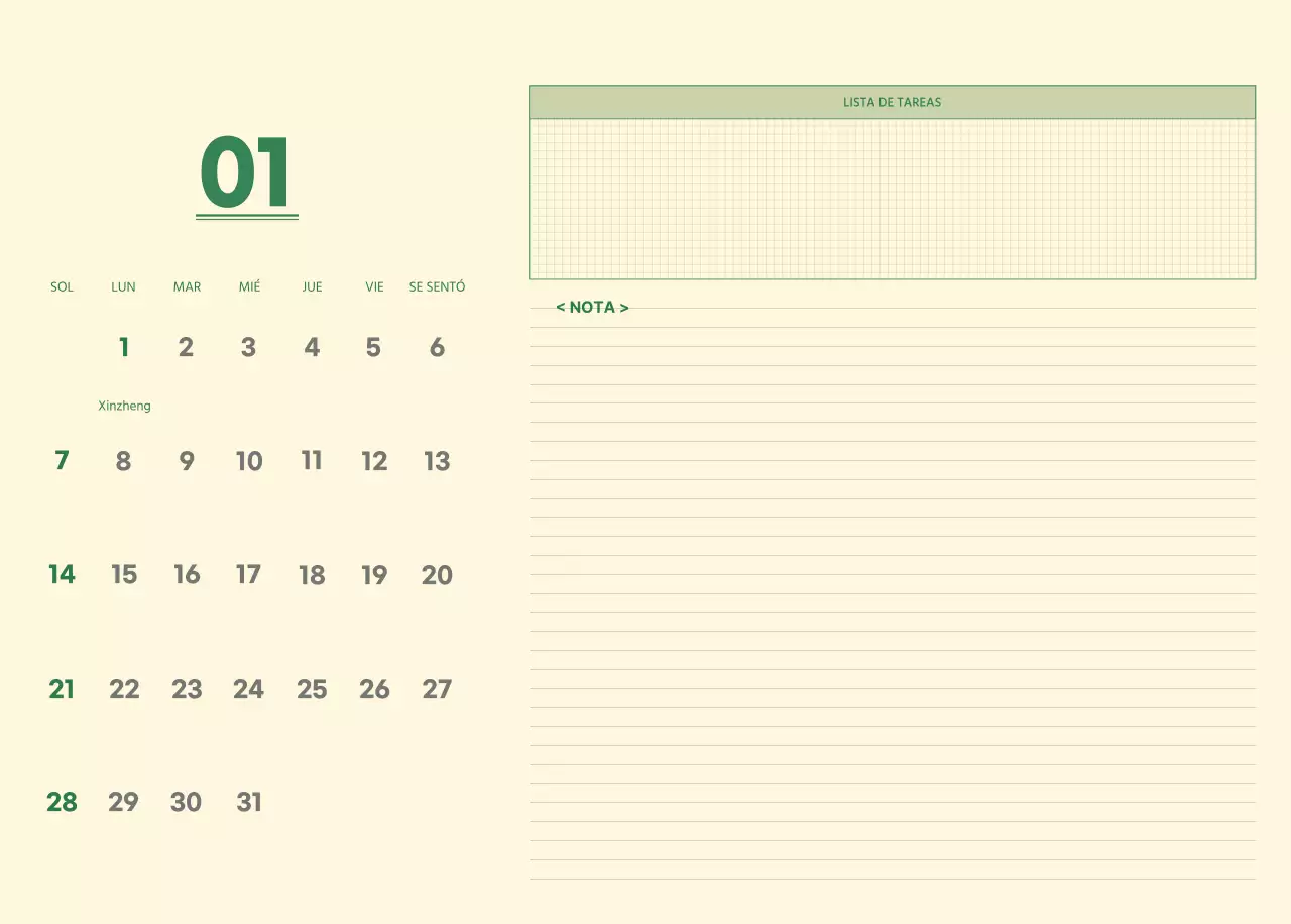 SAT Calendario de pared con concepto de bloc de notas del día D en verde y amarillo claro