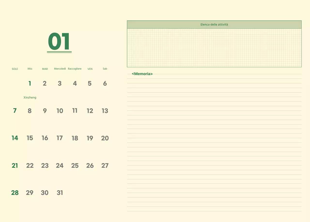 Calendario da parete SAT D-day concept in verde e giallo chiaro