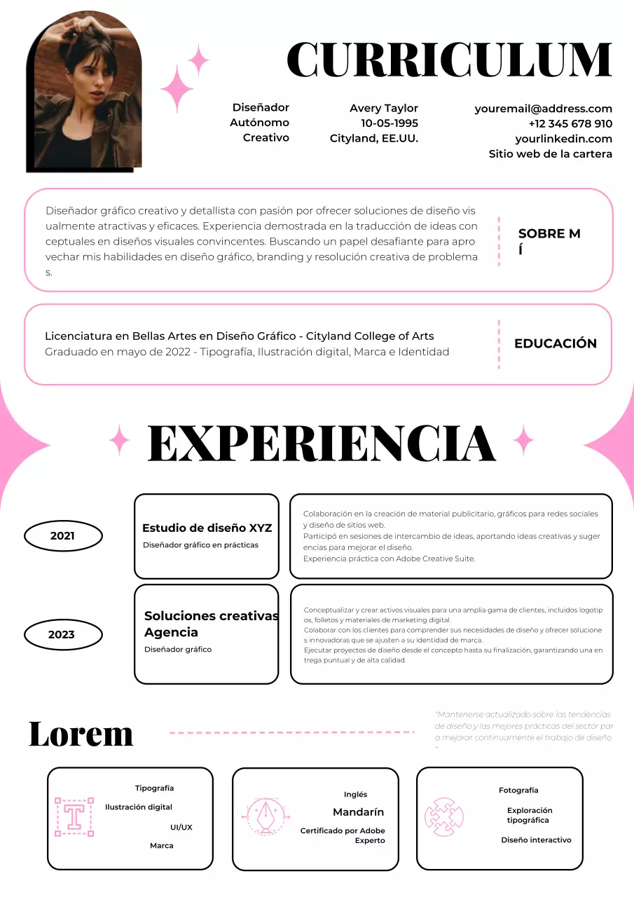Currículum de diseñador gráfico geométrico en negro y rosa