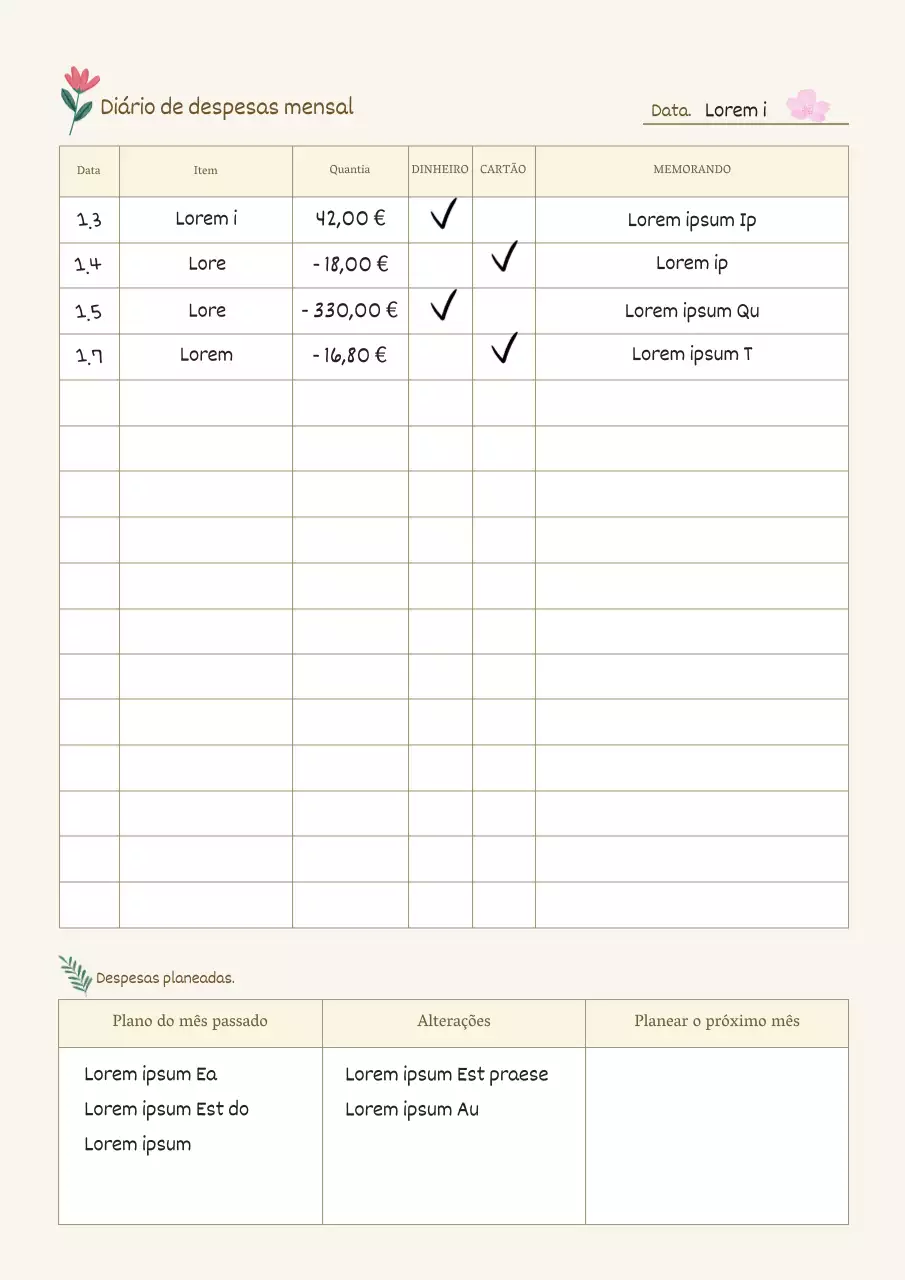 Uma agenda de despesas simples em marfim e bege