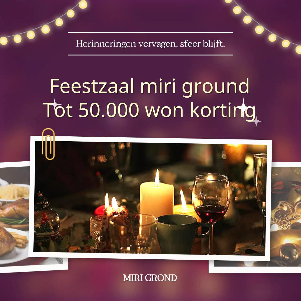 Luxe hotelreclame voor feestzaal in paars en geel