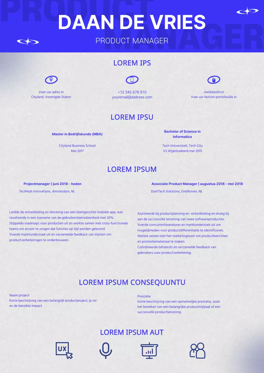 Blauw en grijs trendy productmanager cv
