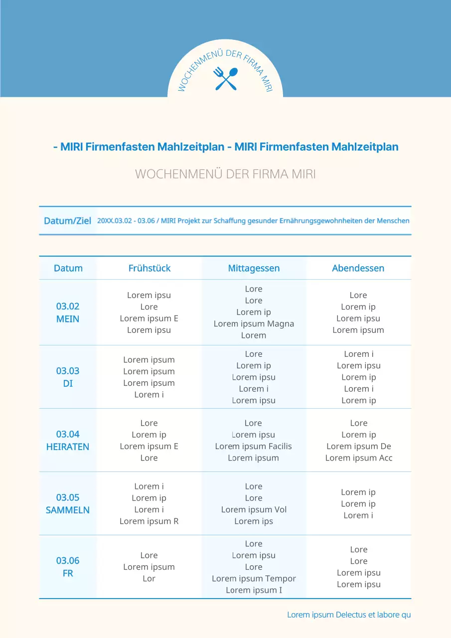 Minimalistischer Speiseplan für Unternehmen in Blau und Elfenbein