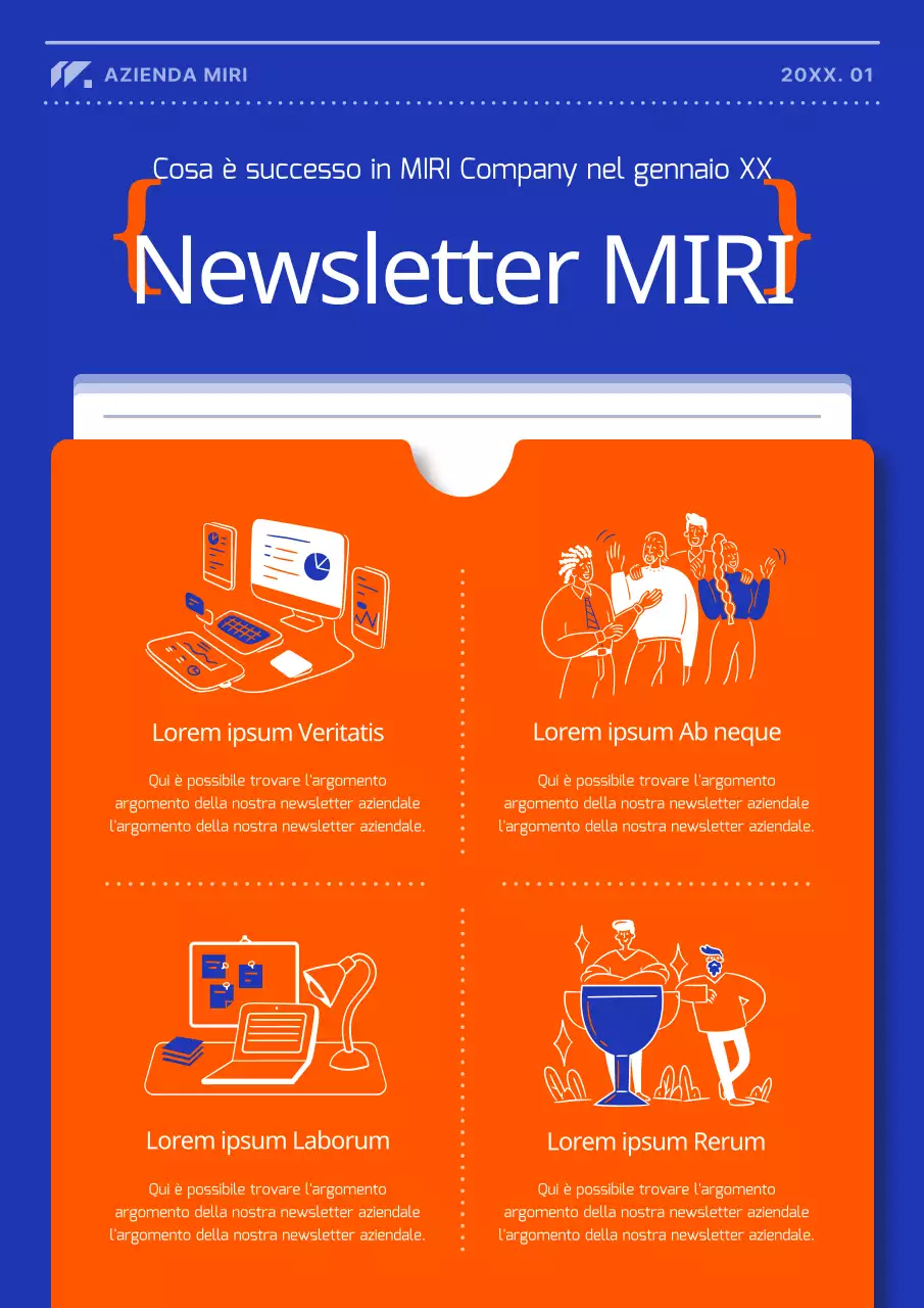 Una moderna pubblicazione di notizie aziendali in arancione e blu