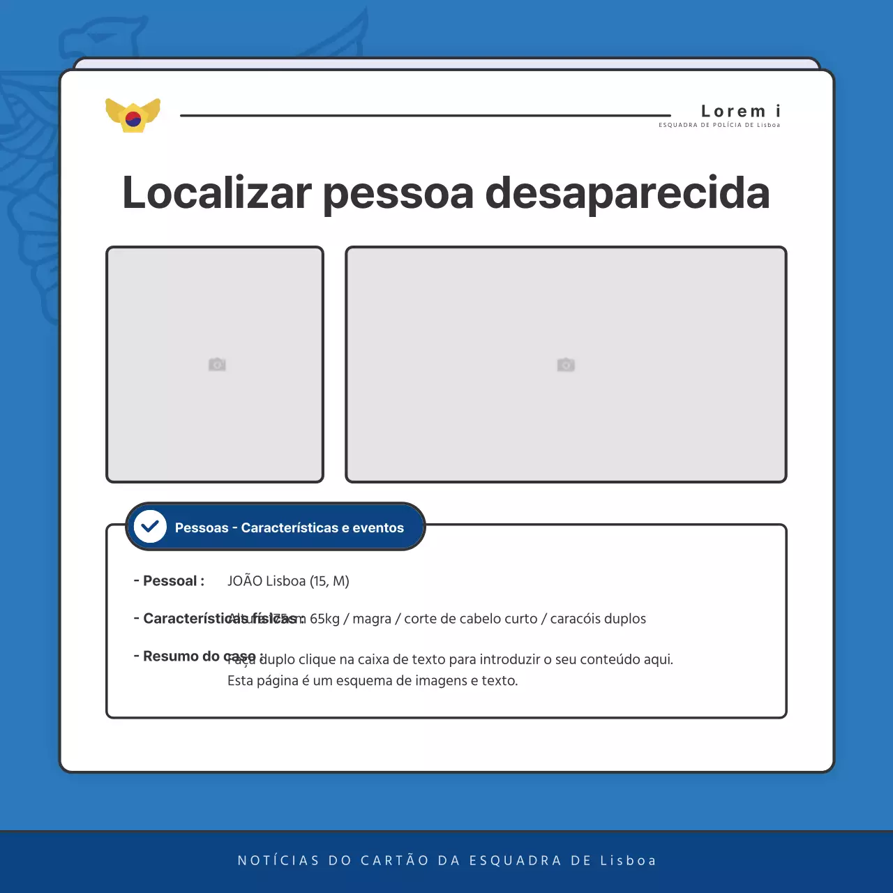 Publicações predefinidas do boletim informativo da esquadra de polícia em azul e azul-marinho
