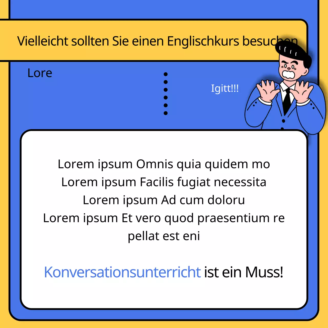 Werbung für eine kitschige englische Sprachschule in Blau und Gelb