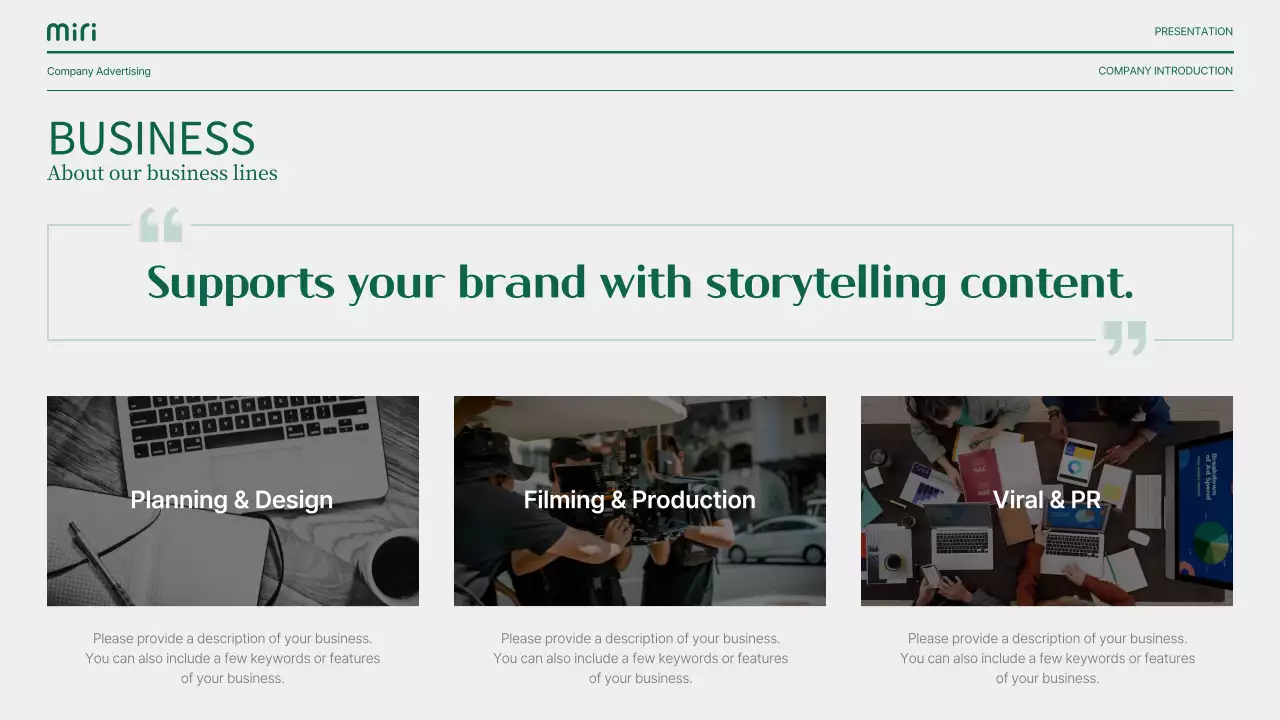 초록색과 회색의 모던한 스토리텔링형 기업 소개서