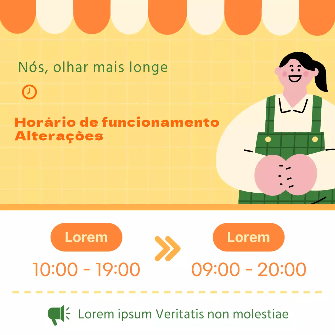 Cartaz colorido laranja e amarelo sobre o horário de funcionamento