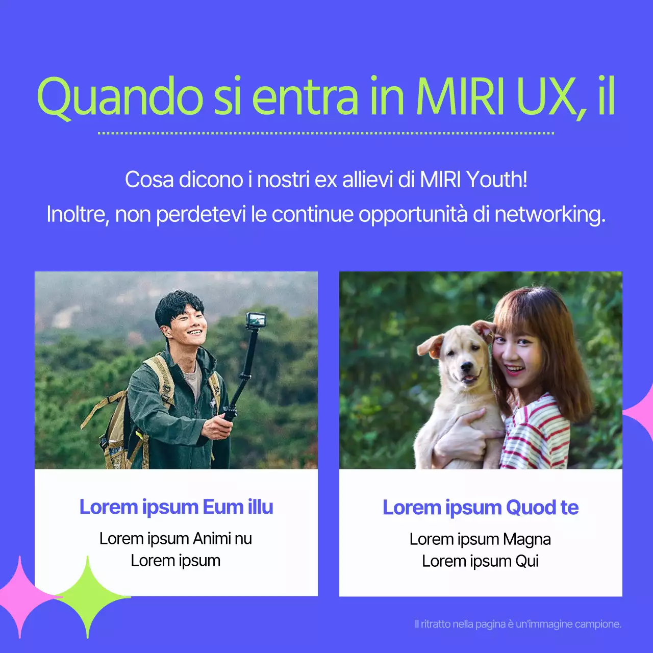 Annuncio kitsch di reclutamento della comunità in viola e chartreuse