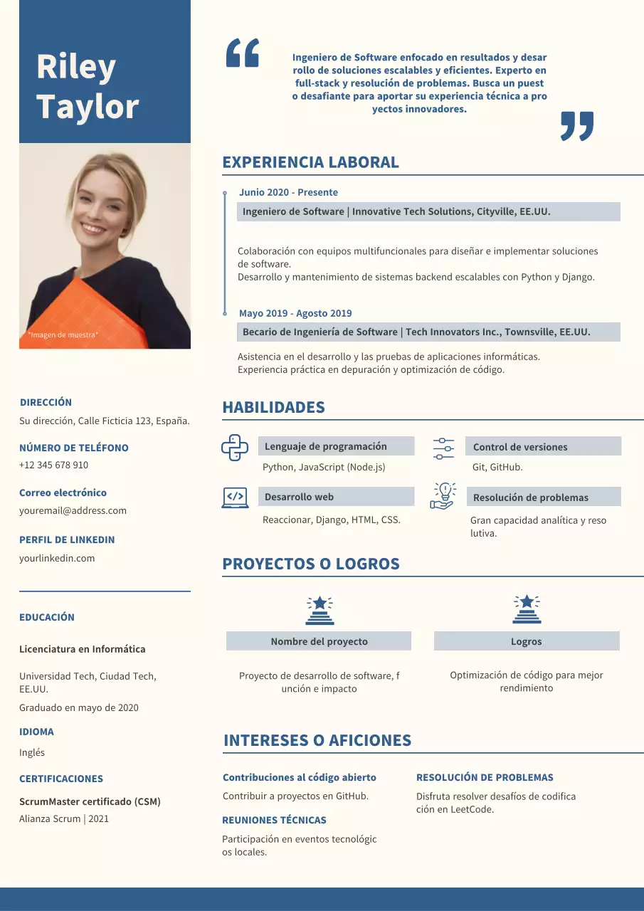 Curriculum Vitae de Ingeniero de Software en Azul y Beige