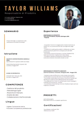 Curriculum del Product Manager di base nero e arancione
