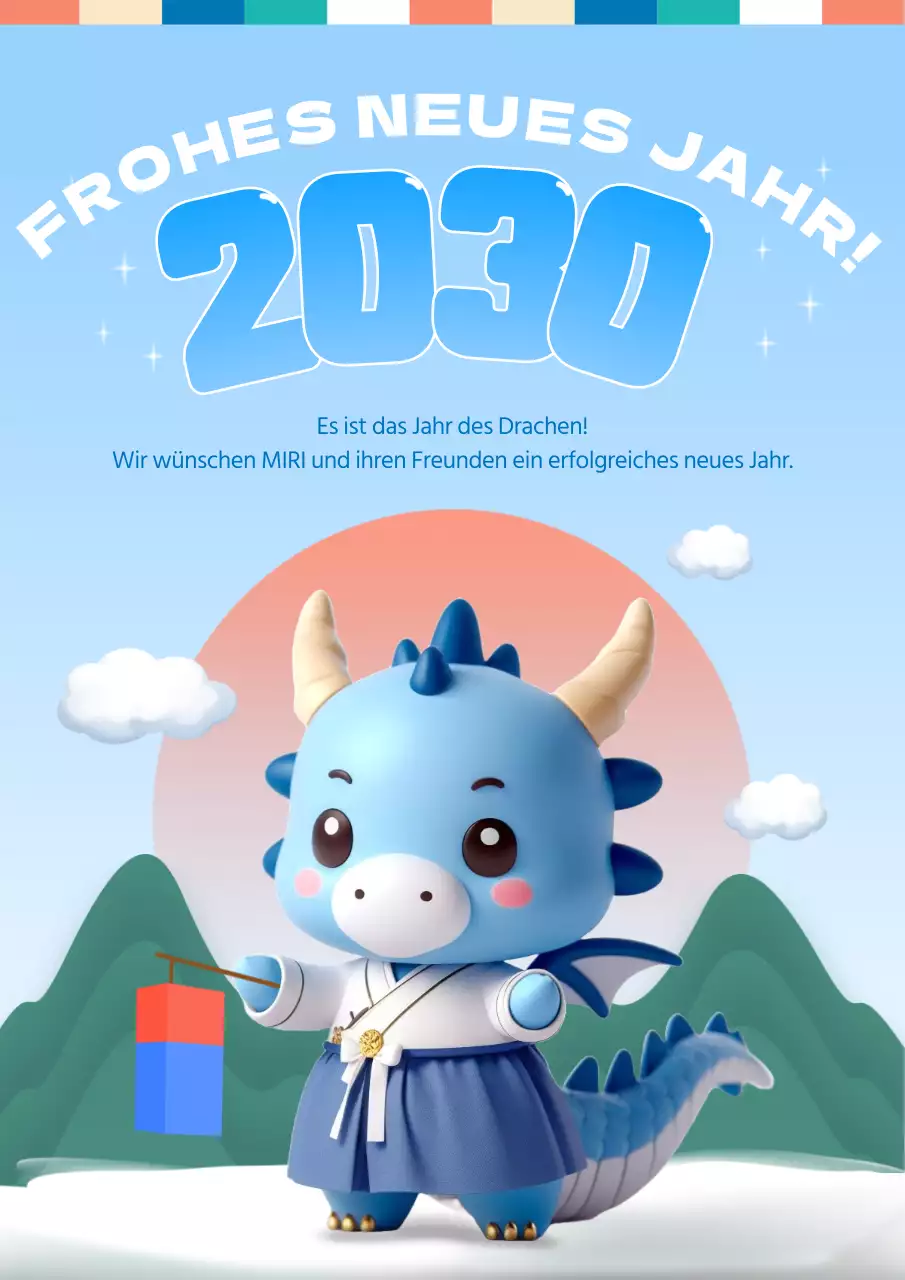 Eine hübsche blaue und hellblaue Qinglonghai-Neujahrskarte 2024