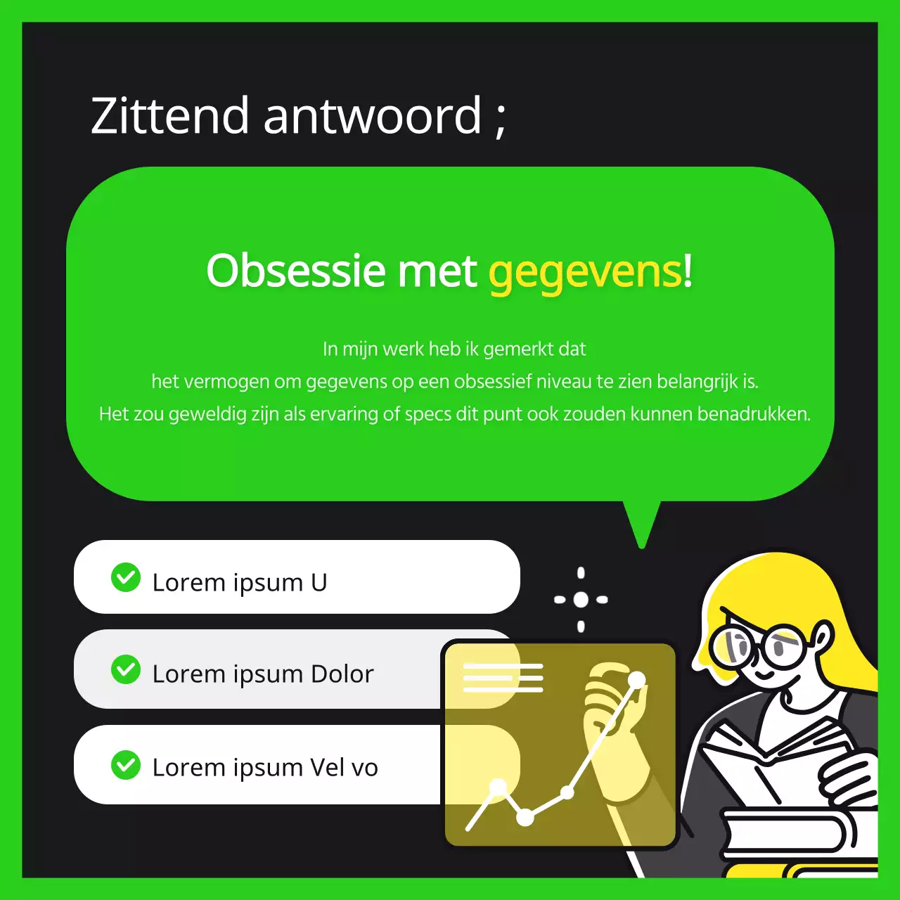 Zittend interview informatie in de trendy stijl van limoengroen en zwart