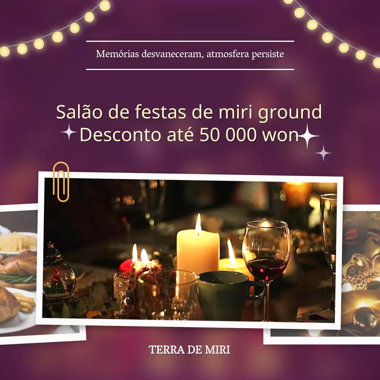 Anúncio de salão de festas de hotel de luxo em roxo e amarelo