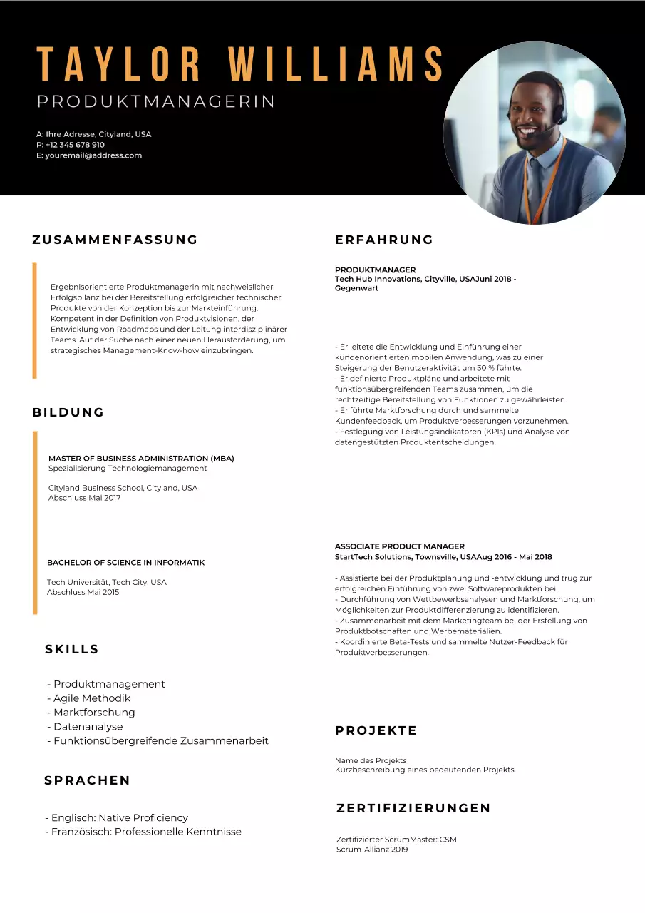 Schwarz und Orange Basic Product Manager Lebenslauf