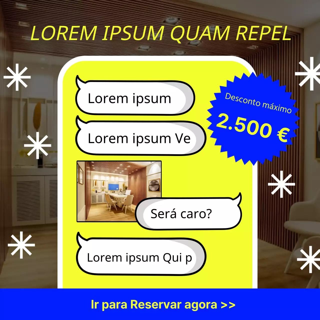 Um simples anúncio azul e amarelo de desconto na reserva de uma sala de festas