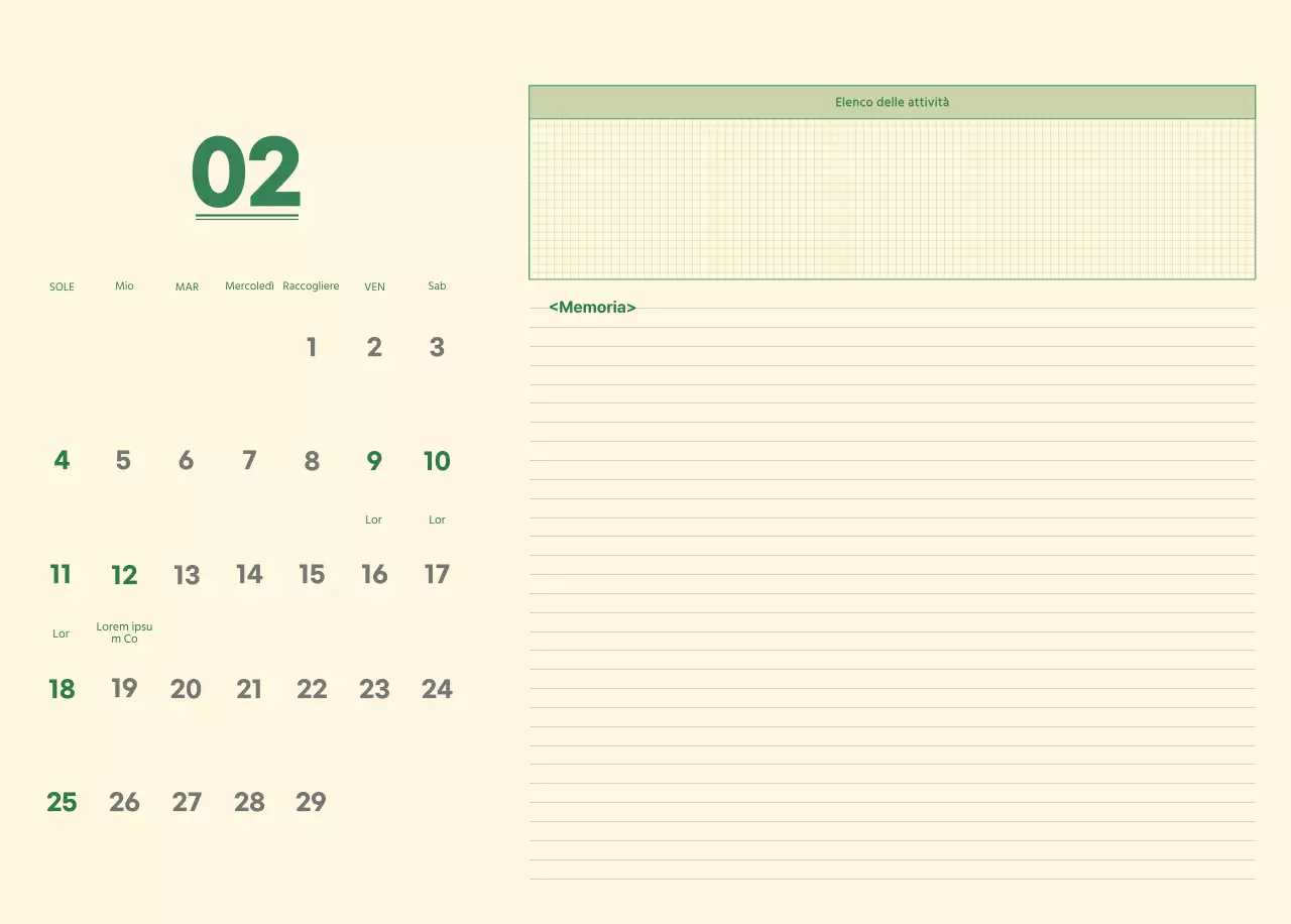 Calendario da parete SAT D-day concept in verde e giallo chiaro
