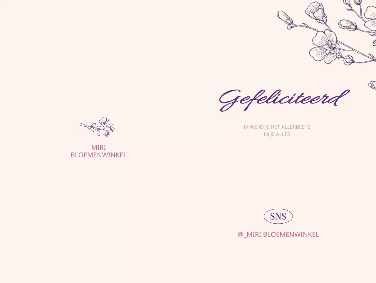 Bloemenwinkel wenskaart met een bloemrijke lijnillustratie op een beige achtergrond