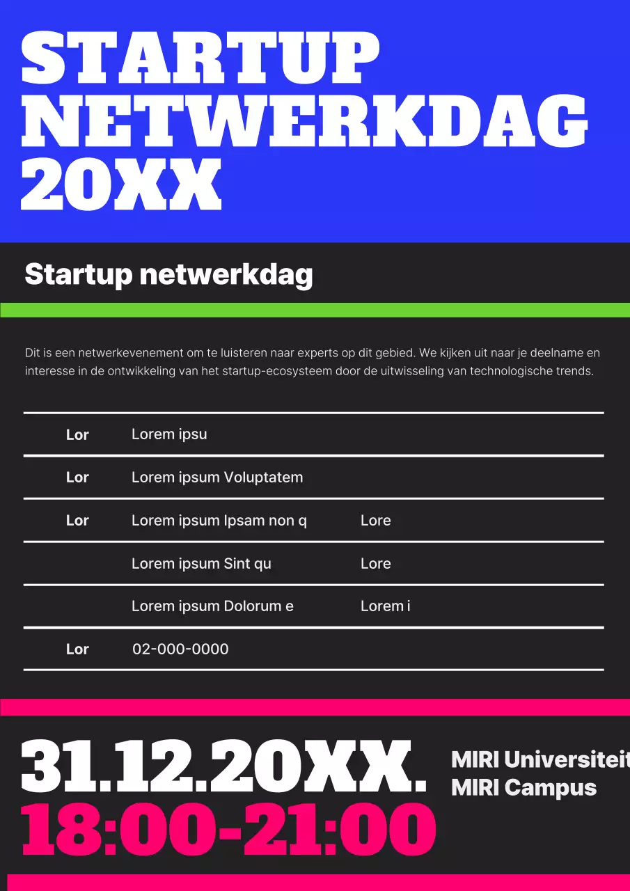 Promoot trendy startup netwerkevenementen in blauw en zwart