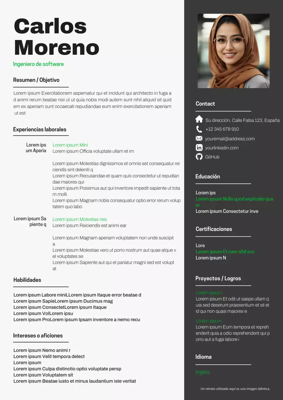 Currículum vitae de ingeniero de software moderno en blanco y verde