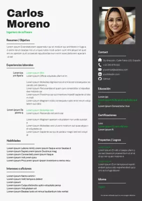 Currículum vitae de ingeniero de software moderno en blanco y verde