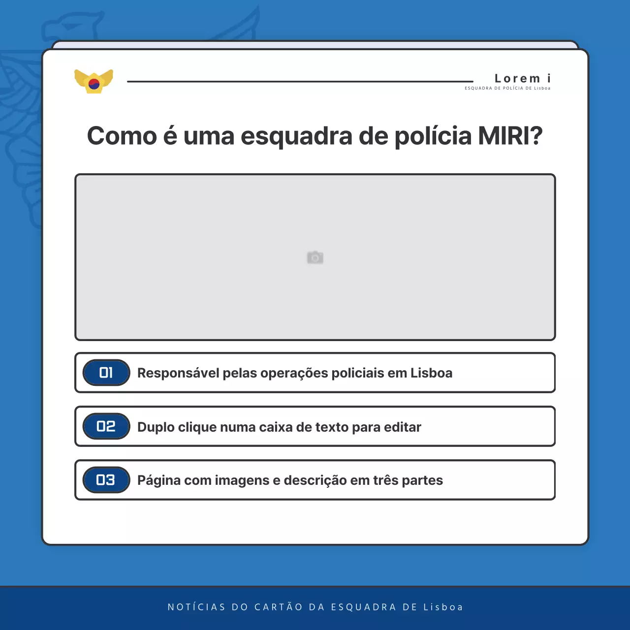 Publicações predefinidas do boletim informativo da esquadra de polícia em azul e azul-marinho