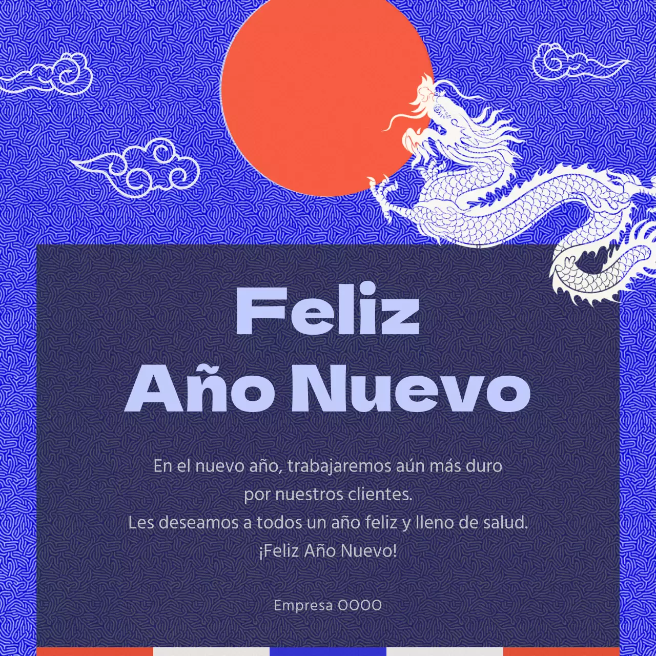 Felicitación oriental de Año Nuevo en azul y rojo