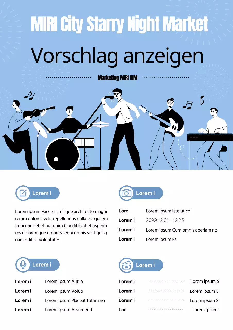 Prospekt mit einer niedlichen Band auf hellblauem Hintergrund