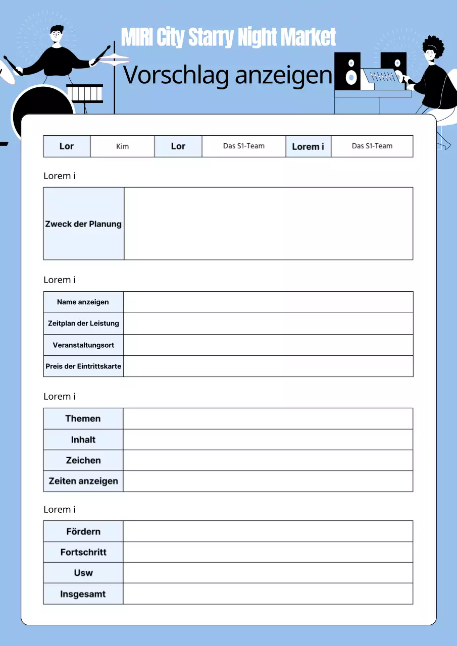 Prospekt mit einer niedlichen Band auf hellblauem Hintergrund