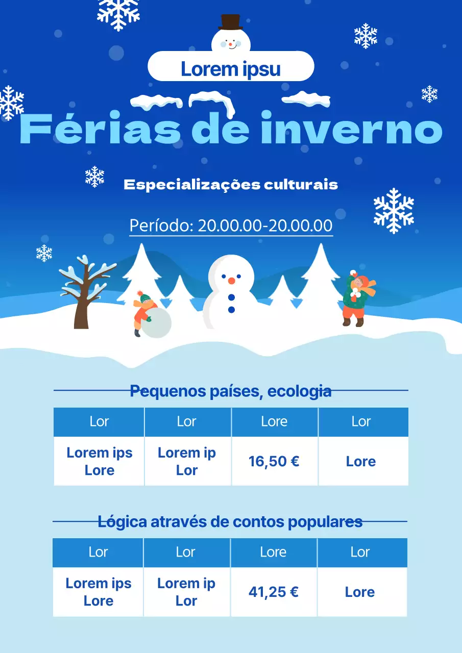 Material didático minimalista azul claro e branco para as férias de inverno