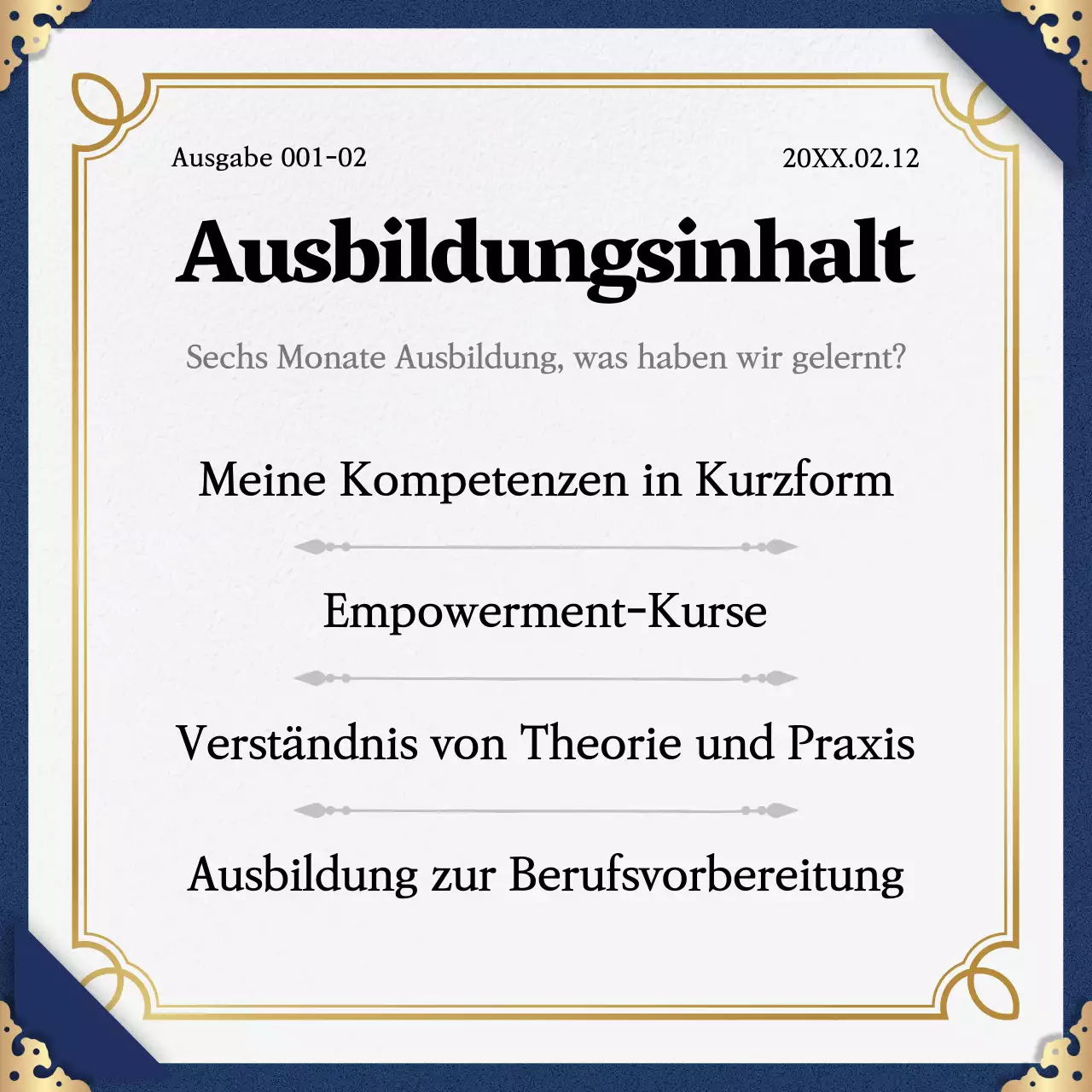 Werben Sie für den Abschluss des Programms mit einem klassischen Farbschema in Marine und Gold