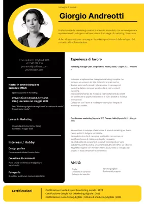 Curriculum moderno del responsabile marketing in nero e giallo