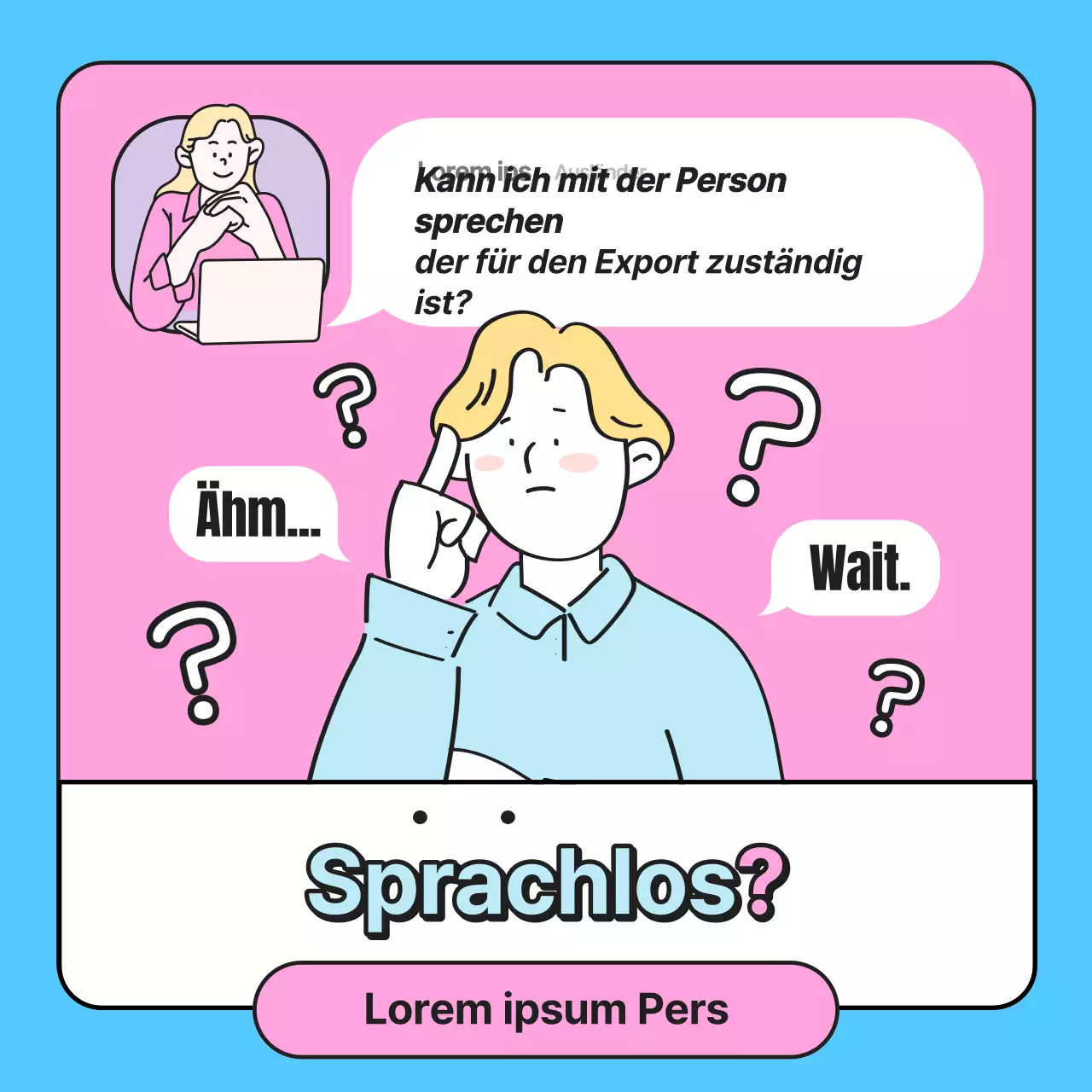 Werbung für eine kitschige Englisch-Sprachschule in Rosa und Hellblau