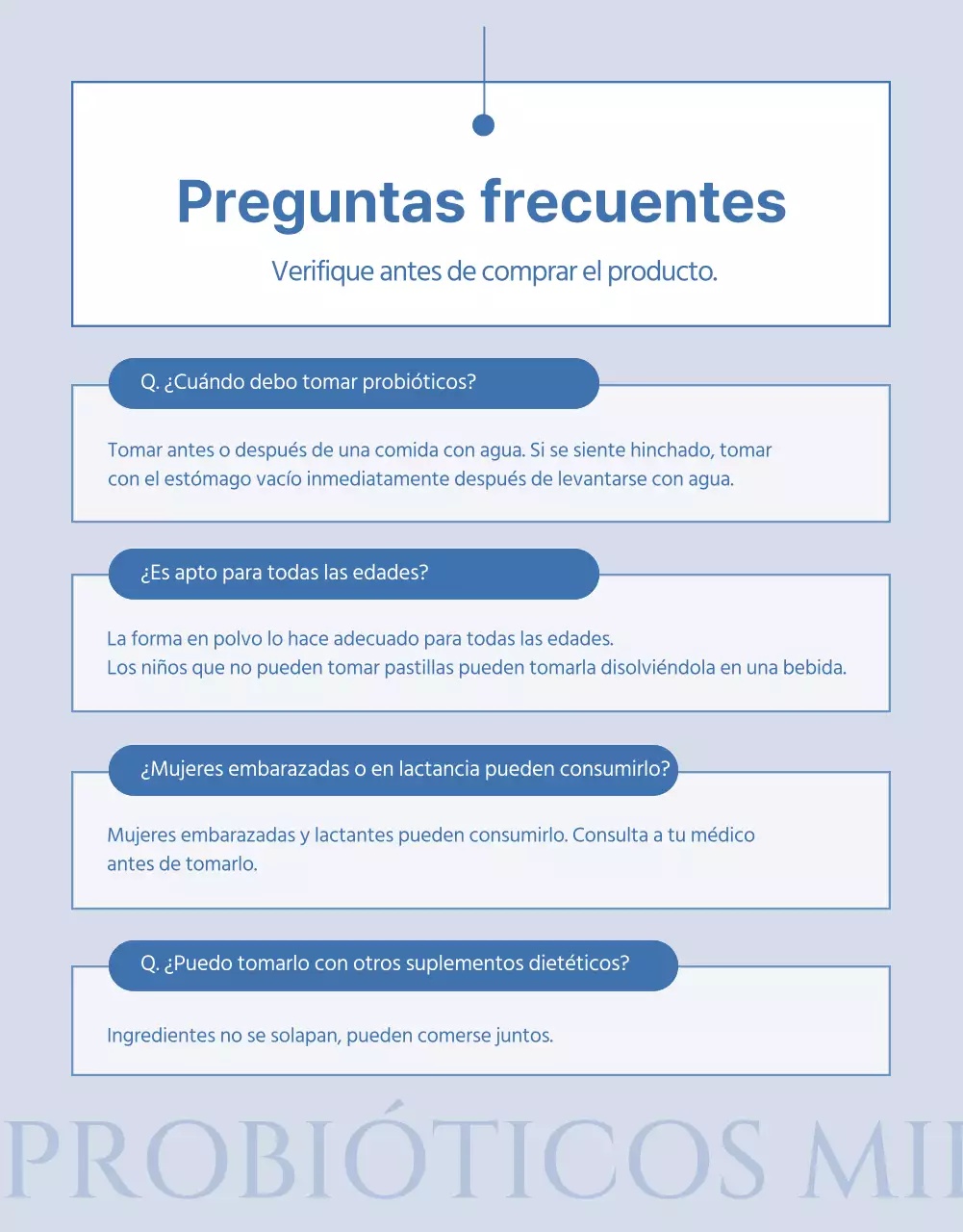 Resumen del producto lactobacilos simples en azul marino y azul claro